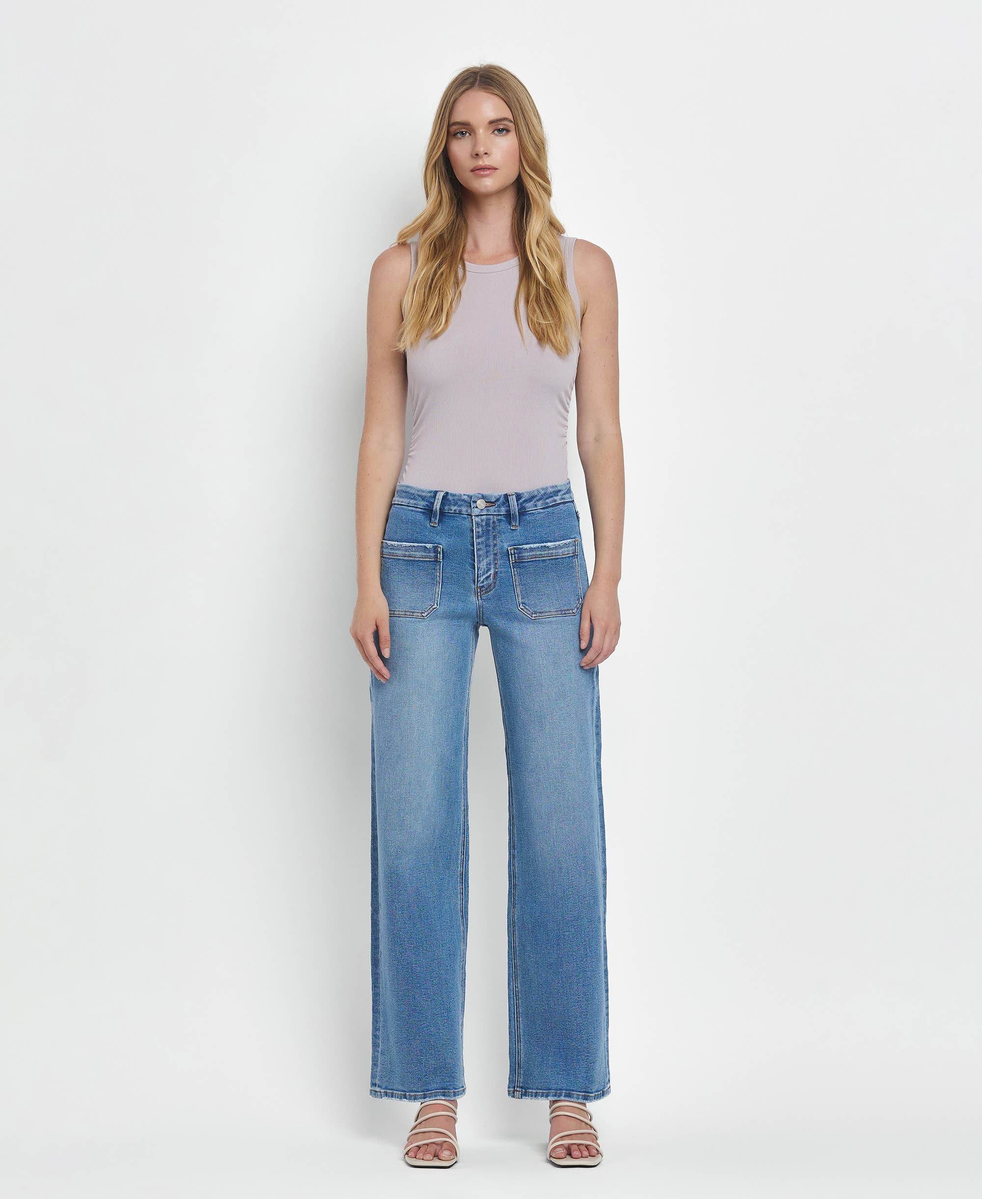 FILANTROPISCH HOGE TAILLE PATCH ZAK WIJDE PIJPEN JEANS LV1479 voor groothandel op Faire3