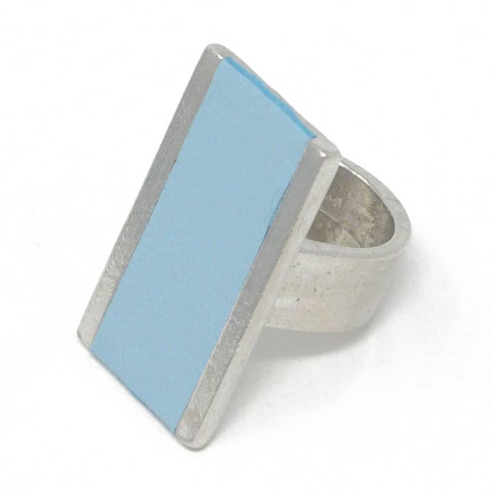 Adjustable Rectangle Ring With Leather Inlay Light Blue for wholesale by Sobo & Co Jewellery