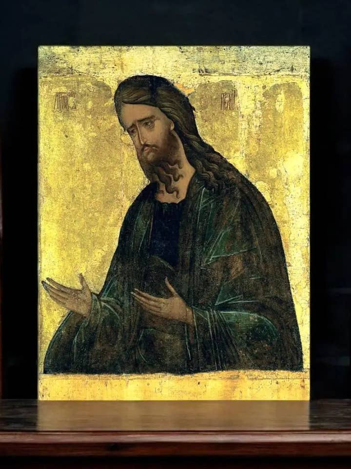 Der heilige Johannes der Vorläufer, der Täufer des Herrn, von Ikonenmaler Andrei Rubljow. Holzorthodoxe Ikone für den Großhandel von Iconsofsaints