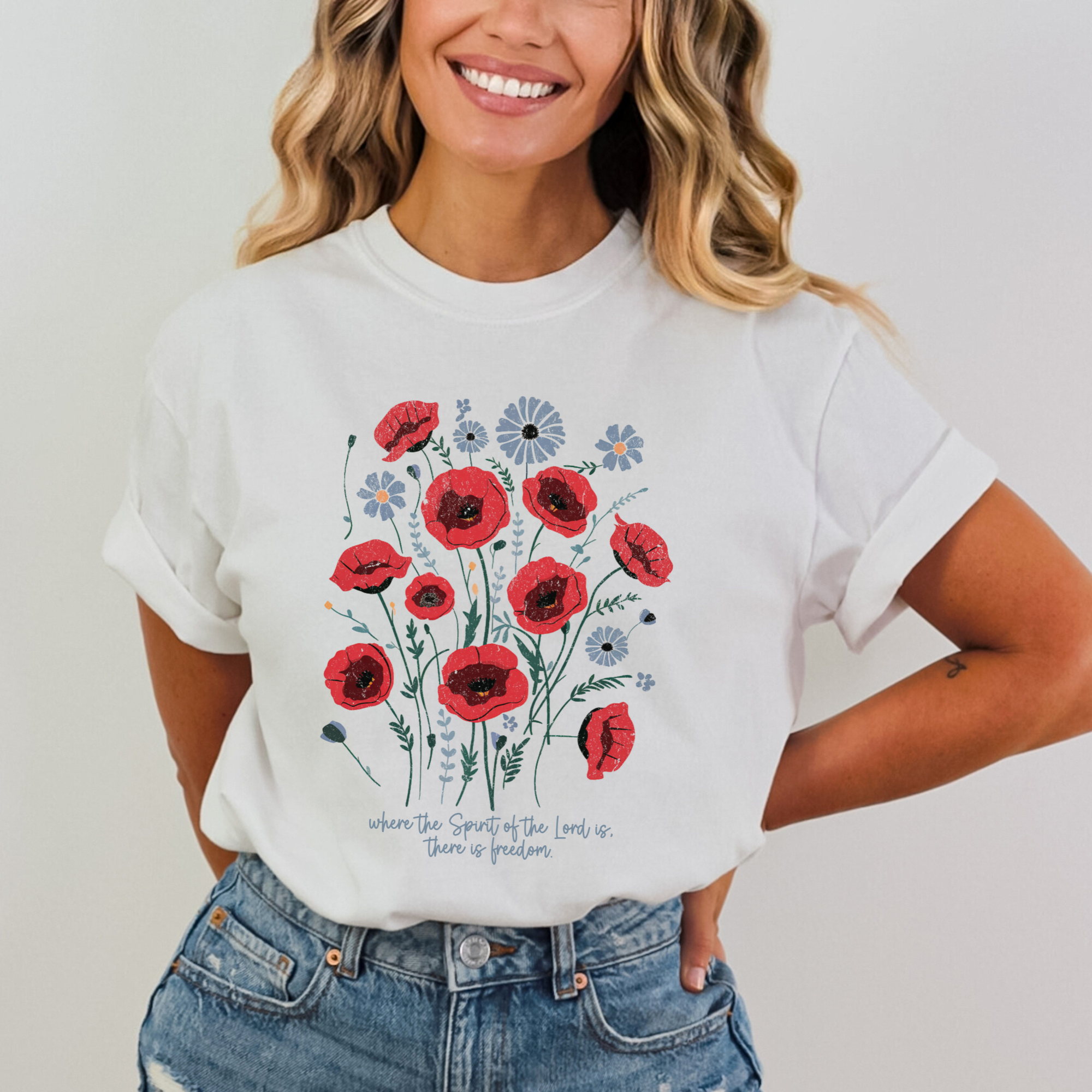 Scripted Pearl - Wholesale Screen Printed T-Shirt - Women's - There is Freedom Patriotic Floral Comfort Colors T Shirt2