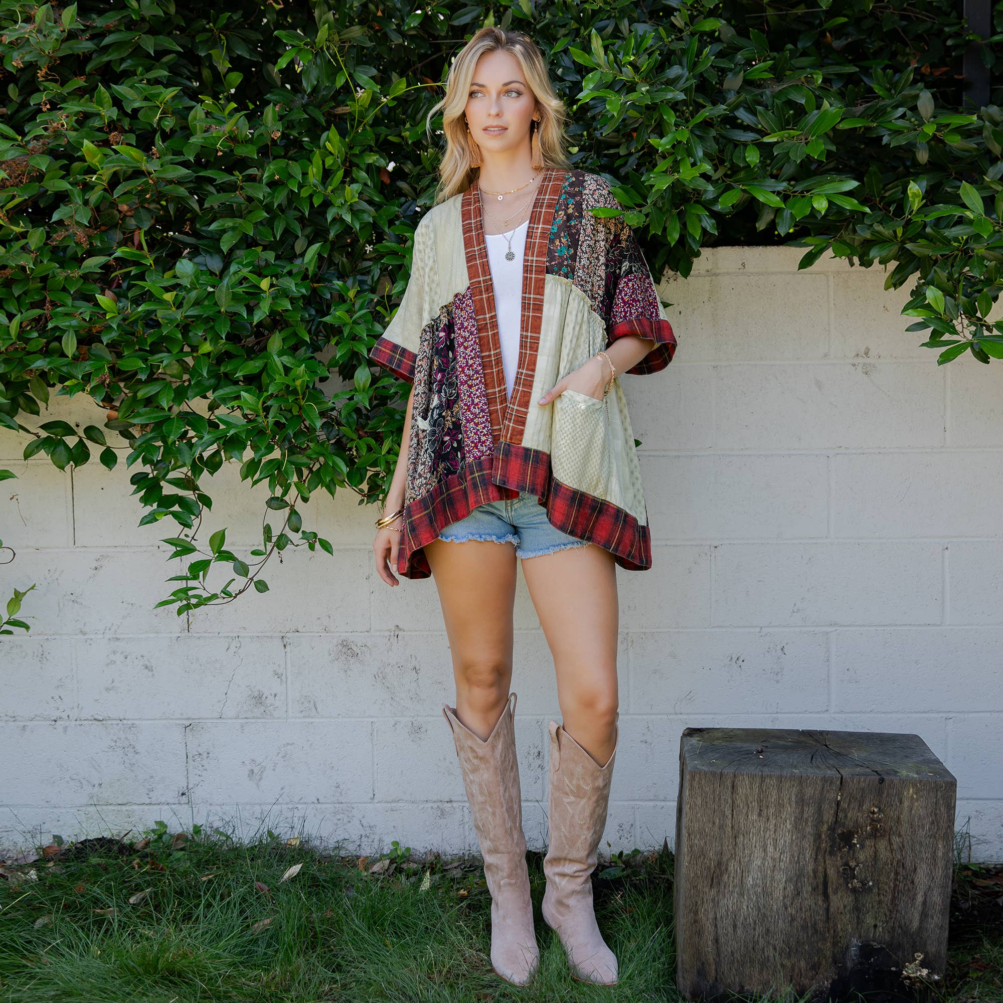 Young Threads - Wholesale Kimono - Women's - Mixed Patch Kimono Shrug with Draped Asymmetric Hem10