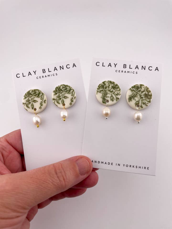 Green China Large Round Stud earrings w pearl drop (Options) for wholesale by Clay Blanca