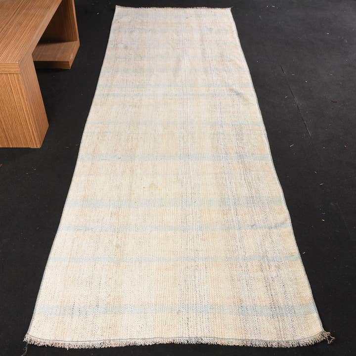 Rug, Beige & Blue Striped Modern Woven Rug 3.4x10.1 Ft for wholesale by Vintage Rugs Loom