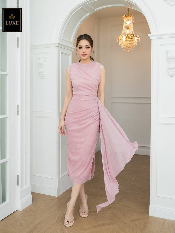 Gemetalliseerde Mouwloze Midi-jurk met Drapering voor wholesale door AlexyDesings