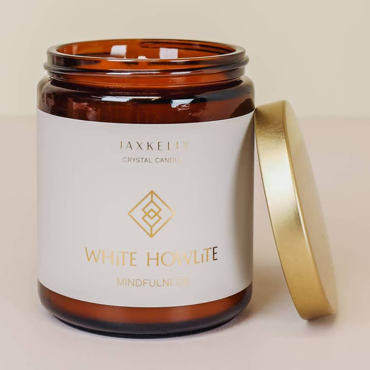 JaxKelly Candles - Wholesale Jar/Filled Candle - 9oz Amber Crystal Candles - White Howlite - Mindfulness0