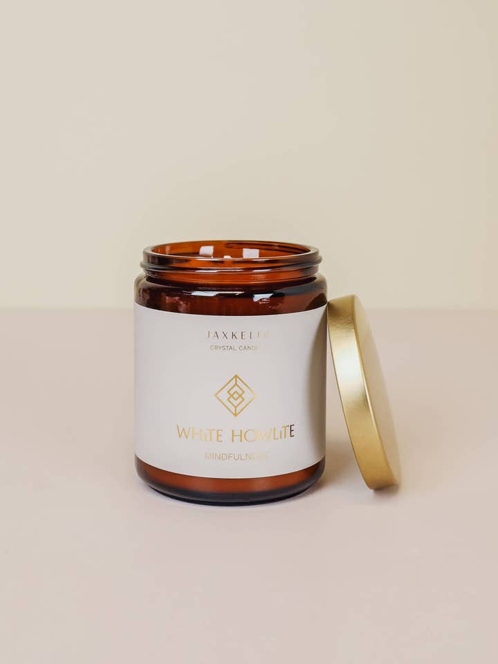9oz Amber Crystal Candles - White Howlite - Mindfulness for wholesale by JaxKelly Candles