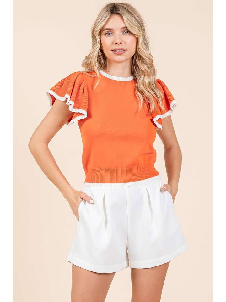 mittoshop - Wholesale Knit Top - Women's - SWEATER KNIT RUFFLE SLEEVE CONTRAST CROP TOP1