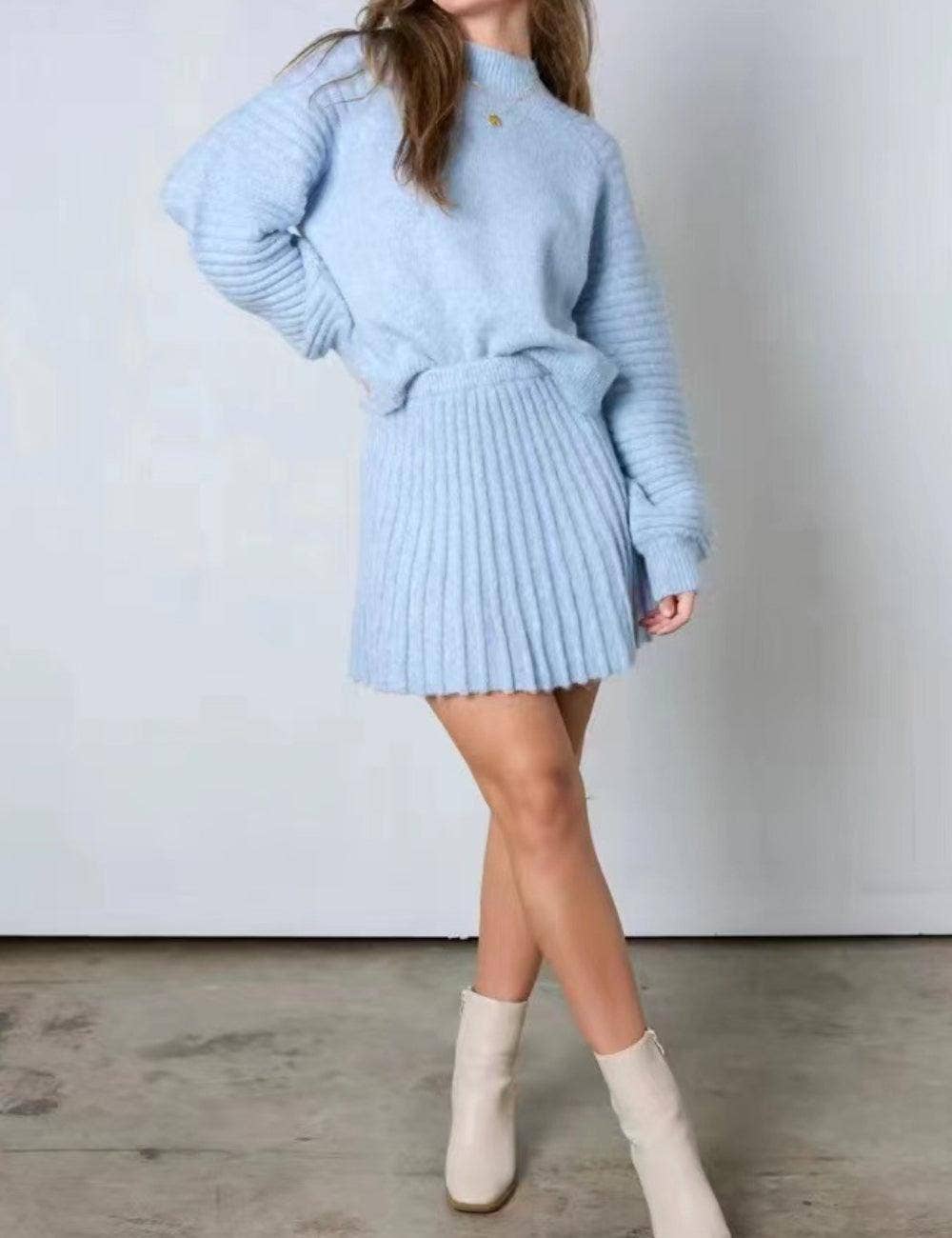 Sweetkama - Wholesale Top & Skirt Set - Women's - Ladies Solid Color Pullover Sweater Dress & Mini Skirt Set SKST410084