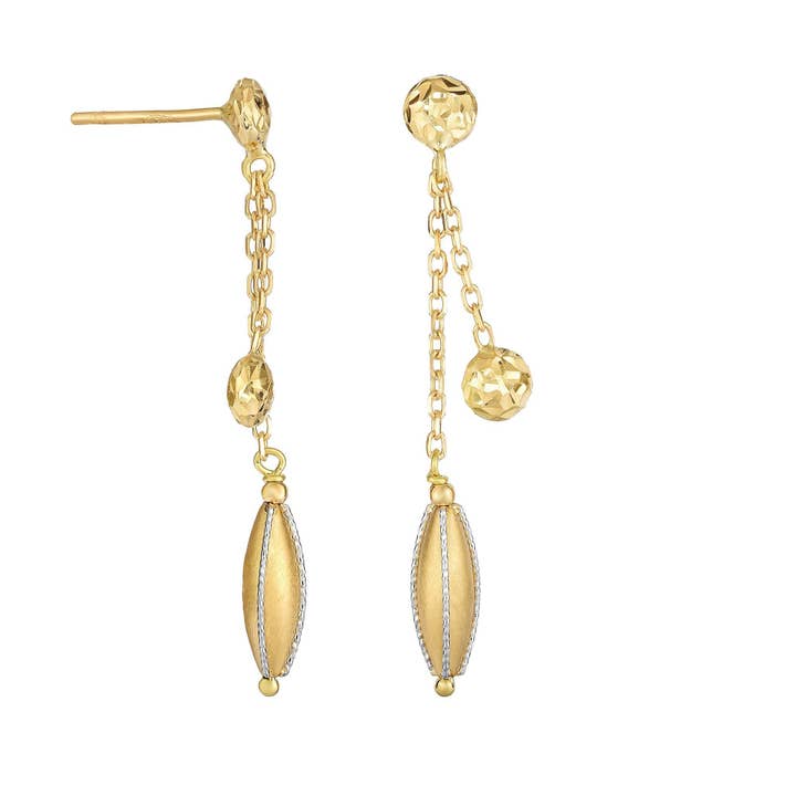 14Kt Yellow+White Gold Shiny+Diamond Cut Fancy Double Stranded Cable Chain Drop Earring with 1-Marquise+ 1-Bead Element And Push Back Clasp for wholesale by The Diamond Deal