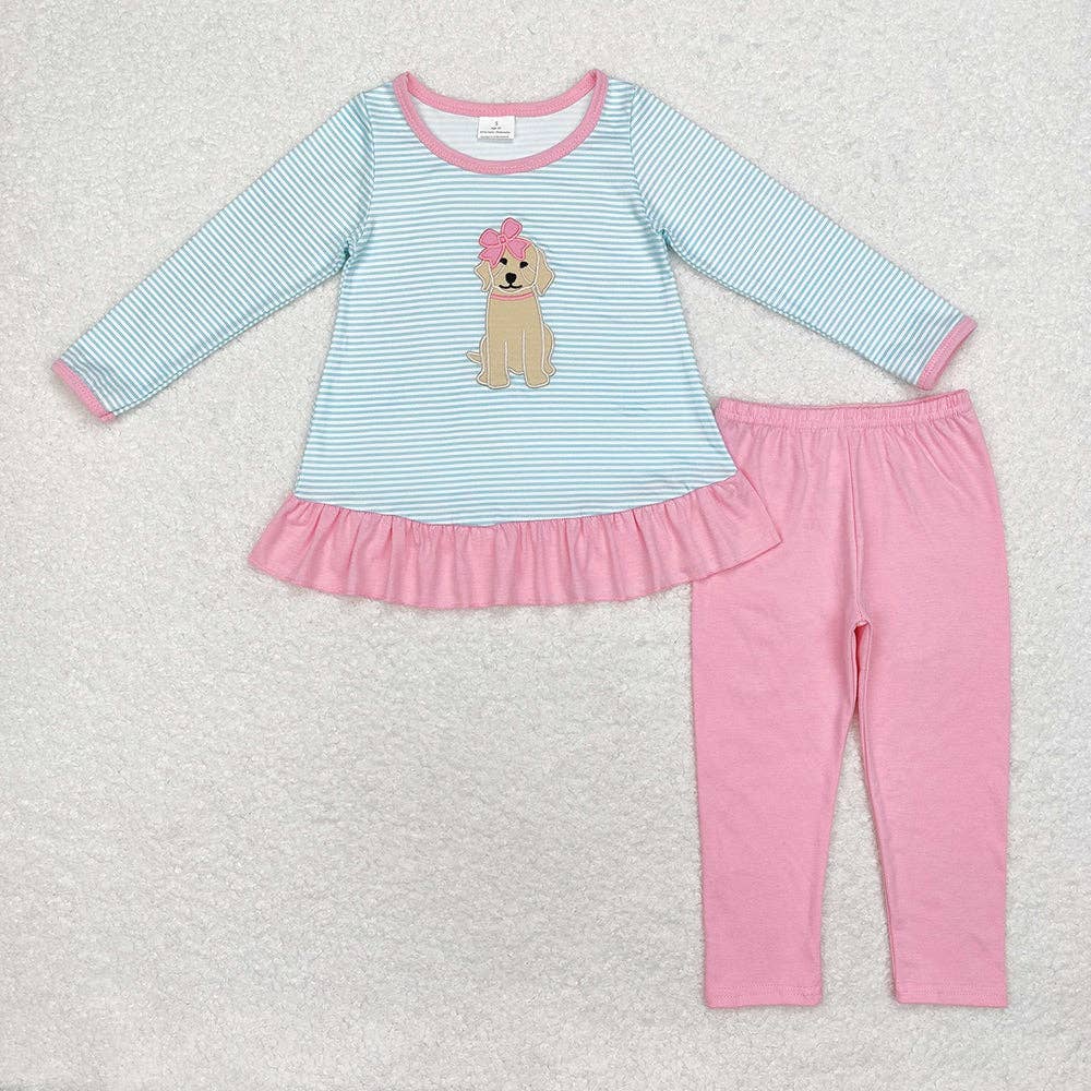 Aier Wholesale - Wholesale Top & Leggings Set - Kids - Baby Girls Blue Stripes Dog Bow Tunic Legging Clothes Sets0