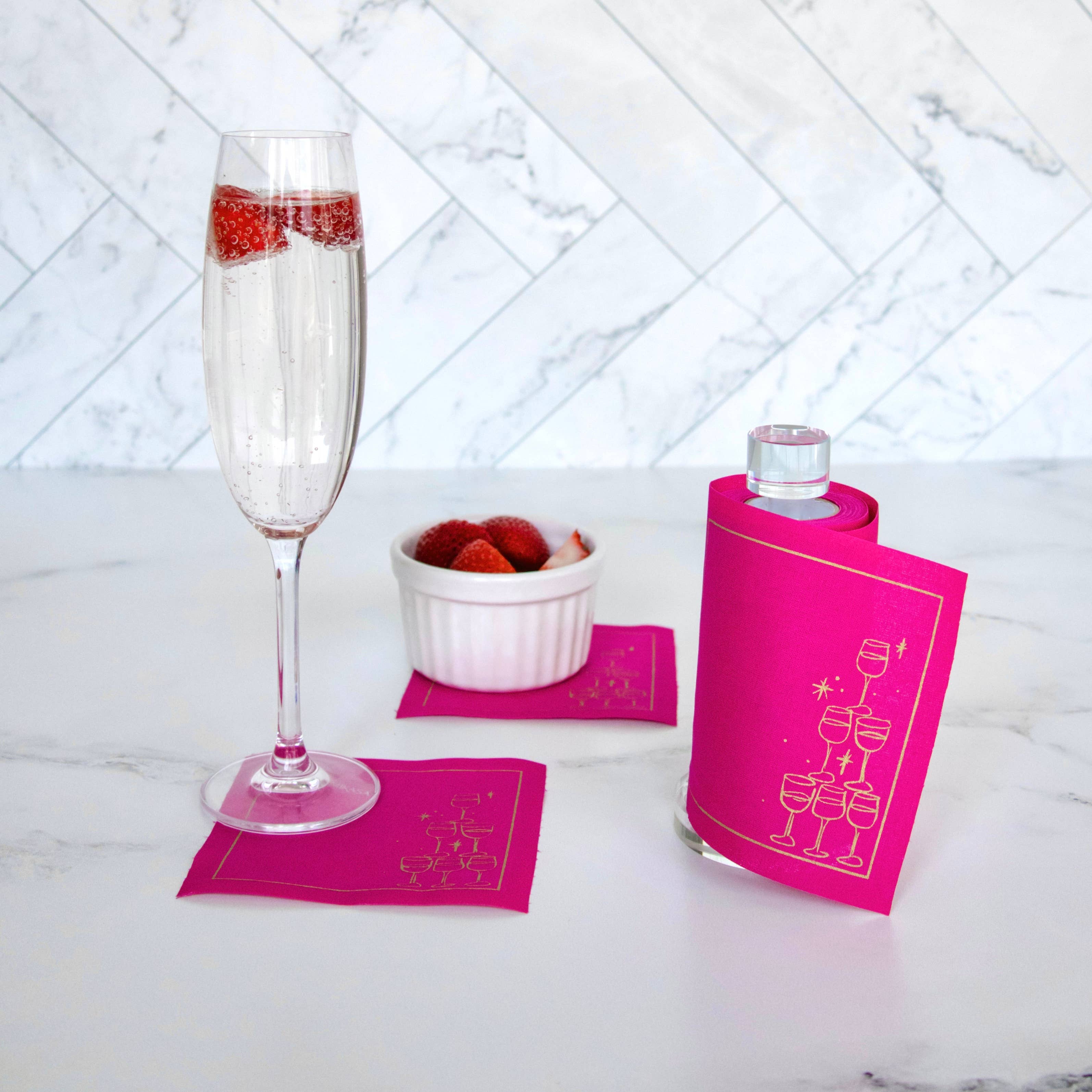Toasting With Tara - Wholesale Disposable Napkin - Cotton Cocktail Napkin Roll: Blush Bubbles (Vibrant Pink)6
