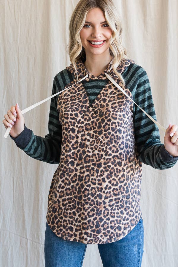 7th Ray – Großhandel Hoodie – Damen – Leopardenstreifen Ärmel Kordelzug Kapuzenpullover T44364