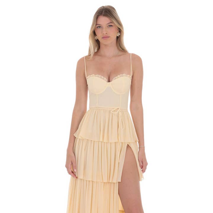 Lucy In The Sky - Wholesale Dress - Women's - Mesh Ruffle Maxi Dress in Yellow