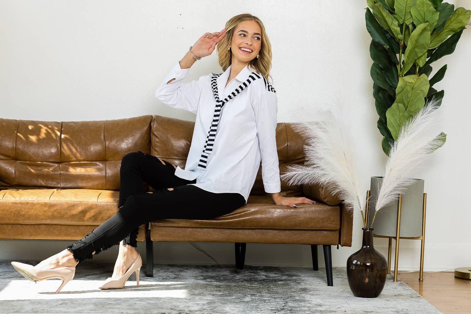 Joh Apparel - Wholesale Button Down Shirt - Women's - Willette Top with Stripe Front Ties18