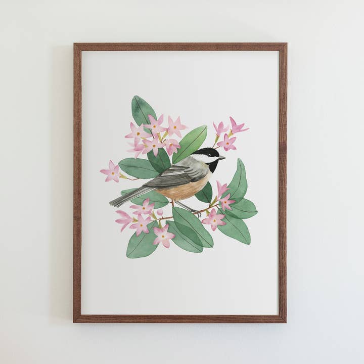 Massachusetts svart-tak Chickadee Print för wholesale av 50 States of Beauty