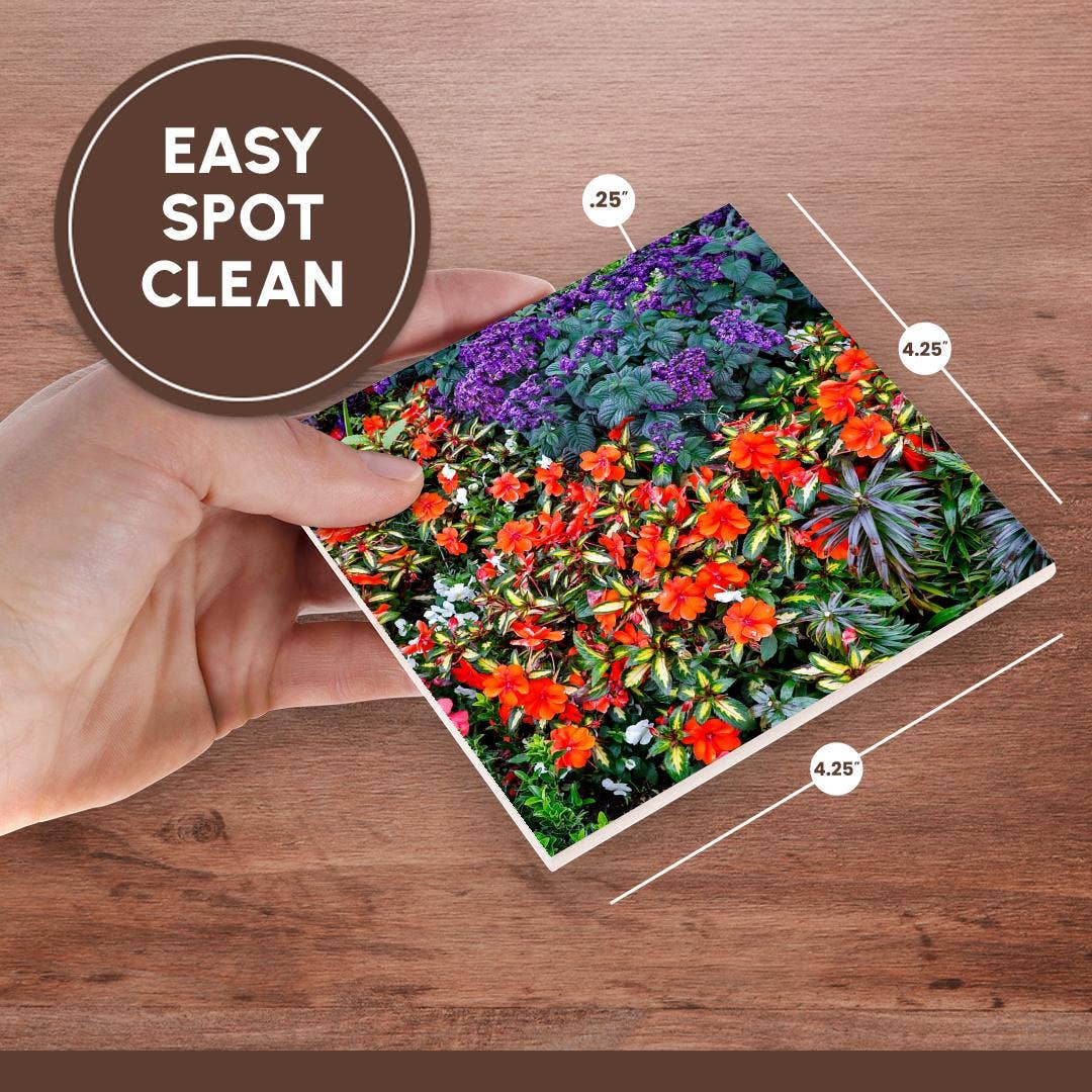 3dRose – wholesale Coasters – 3dRose, USA, Oregon. Cannon Beach Garden. Impatiens. Geraniums. Heliotrope 1., Coaster6