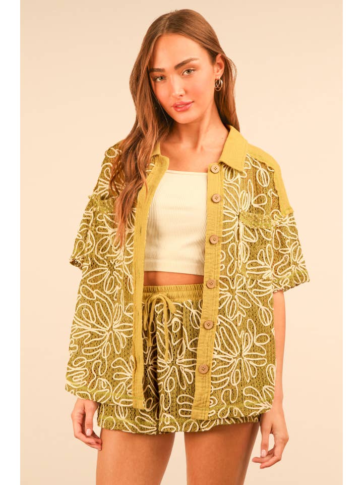 VERY J - Wholesale Lounge Set - Women's - NT11975SET-Printed Casual Shirt Top & Shorts Set