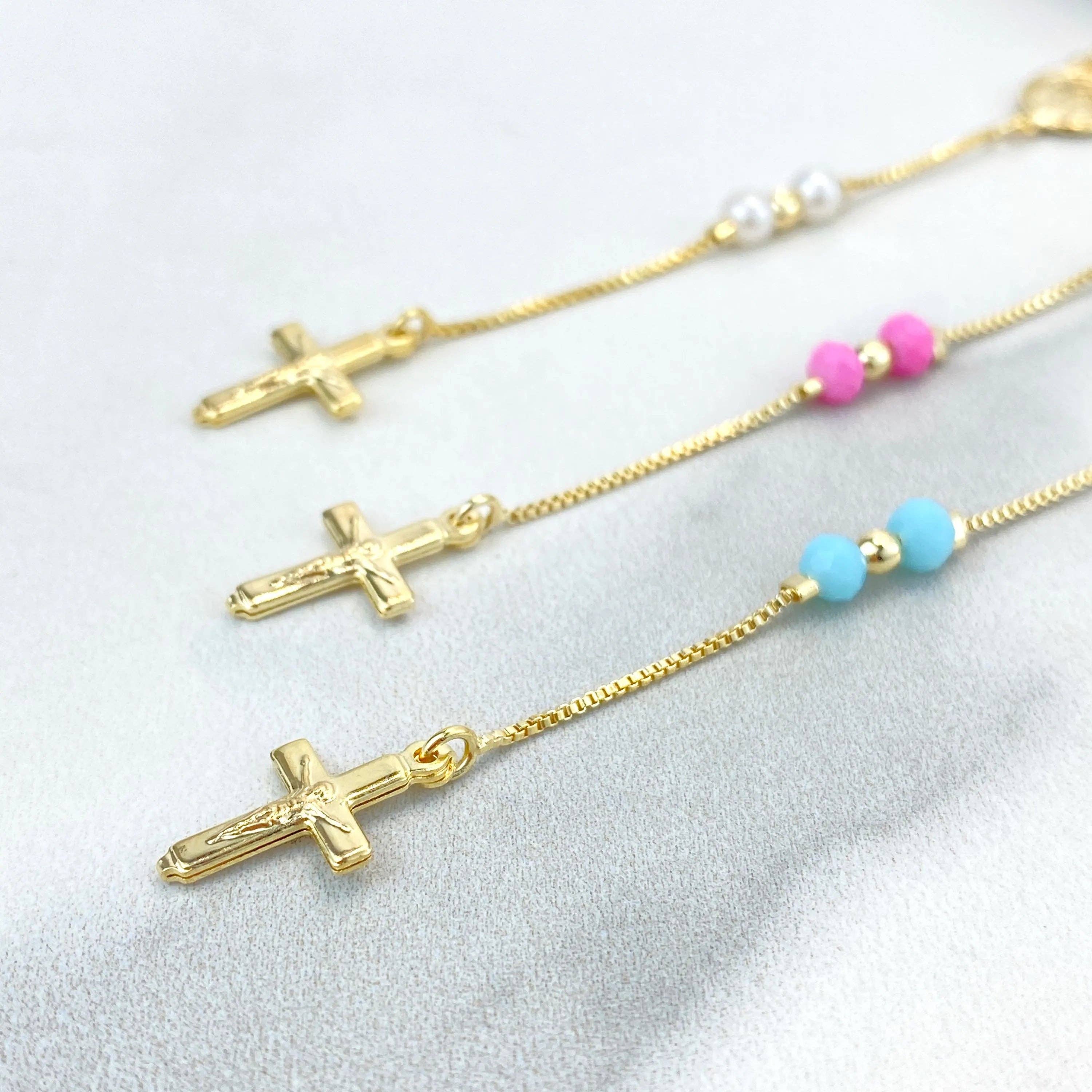 Luxus Accessories - Wholesale Prayer Beads Necklace - 18k Gold Filled Pastel Colored Beads Rosary with Miraculous Virgin Charm, Christian Catholic Rosary, Pink, Blue, or Pearl4