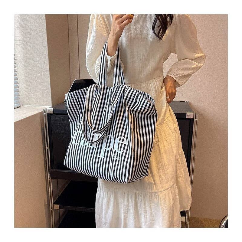 UZ Wholesale Store - Wholesale Tote Bag - Women's - Striped Letter Canvas Tote Bag with Large Capacity2