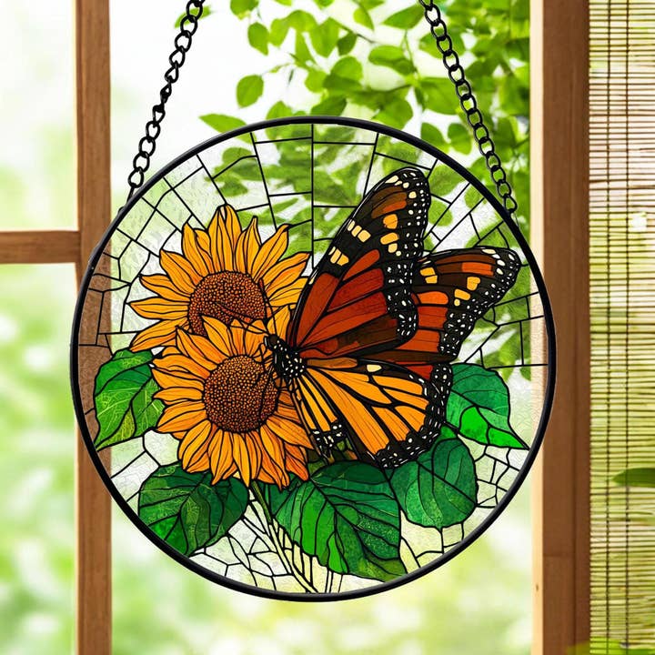 Sunflower and Monarch Butterfly Stained Glass Suncatcher for wholesale by TMLECOM LTD