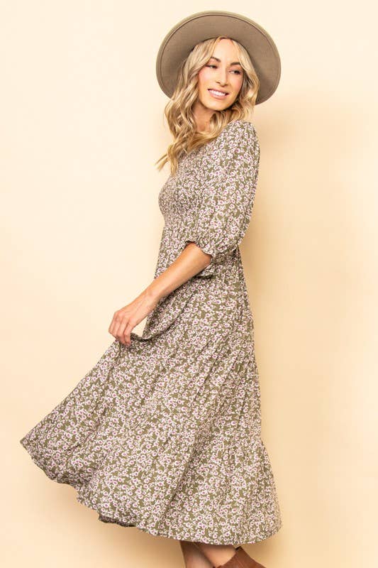 Elloh Collection - Vendita all'ingrosso Vestito - Donna - Abito midi vintage a fiori con smock a balze e tasche9