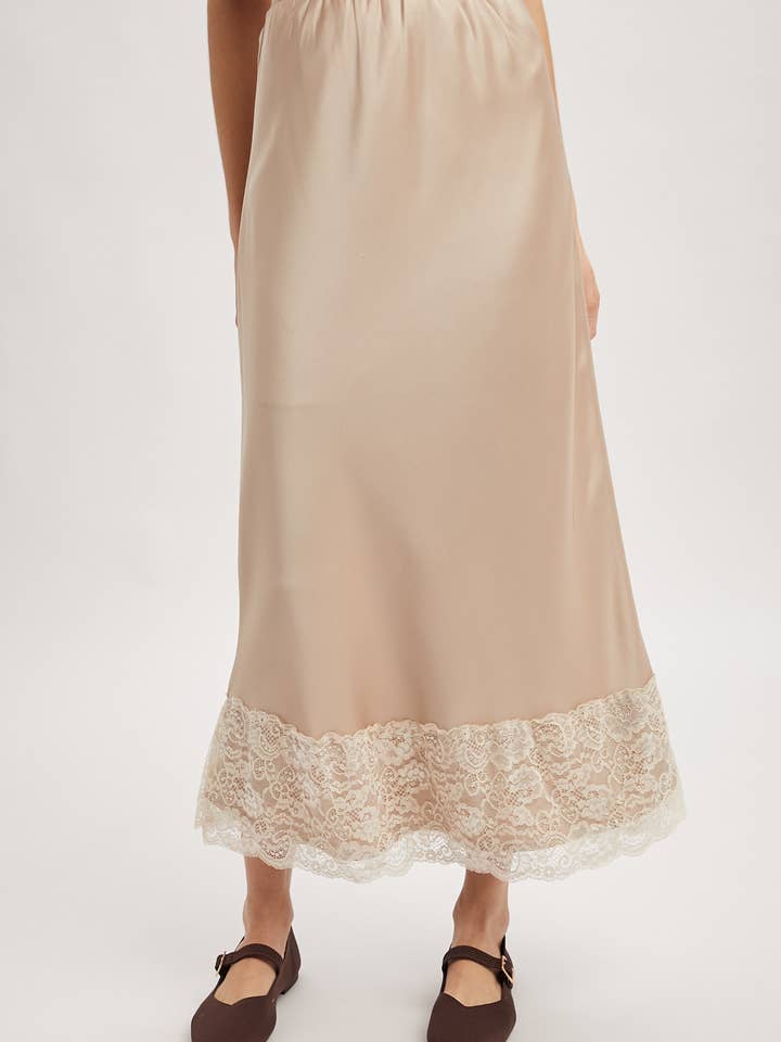 LACE TRIM SATIN MIDI SKIRT / WL25-11559 for wholesale by Wishlist Apparel