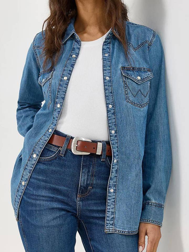 BLUE Classic Button-Front Denim Shirt for wholesale on Faire