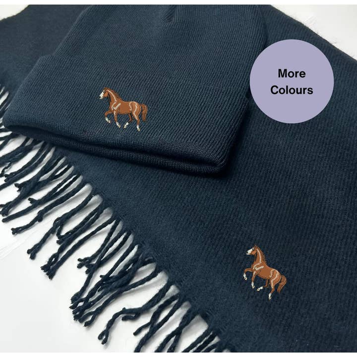 horse embroidered hat and scarf set for wholesale by Thread and Needles Co