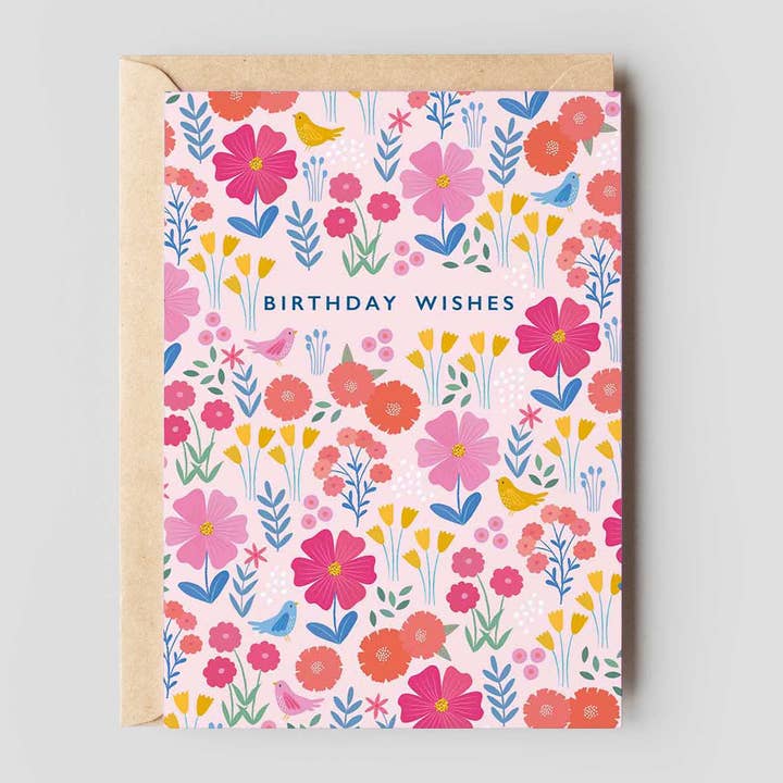 Birthday Wishes Card | Pretty Pink Floral Pattern Card for wholesale by Klara Hawkins