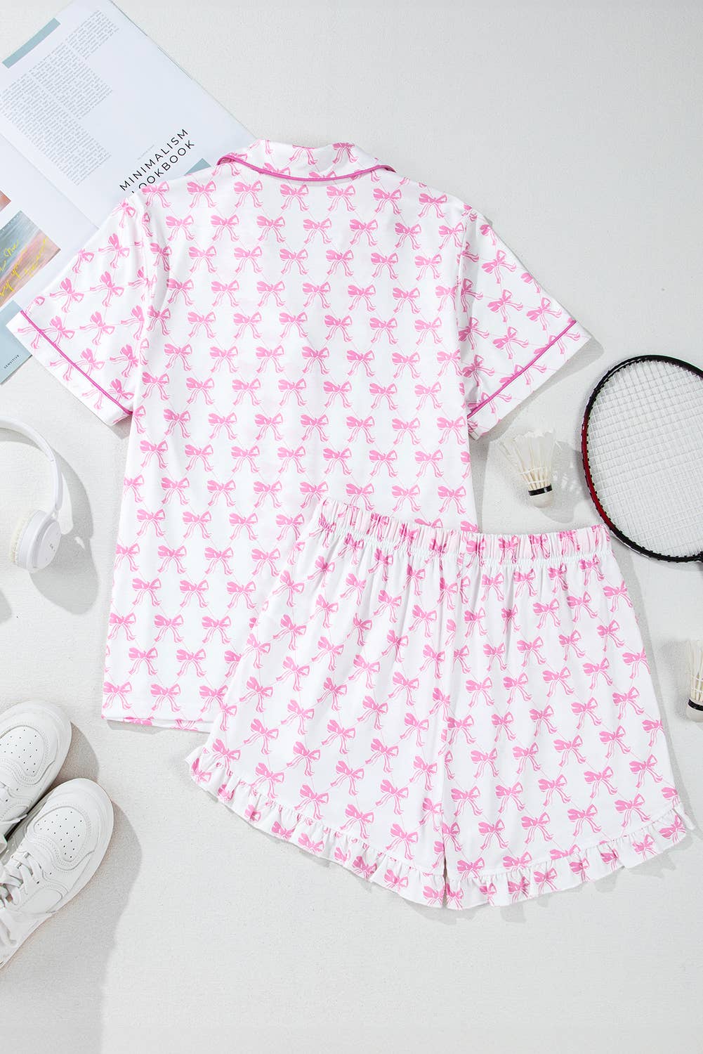 Pink Bowknot Print Short Sleeve and Shorts Pajama Set for wholesale on Faire8