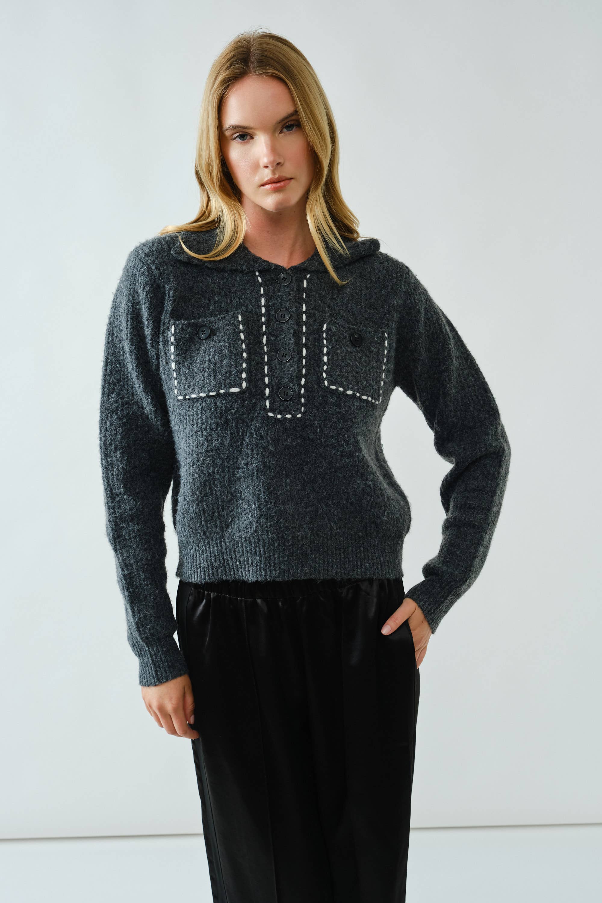 Aaron & Amber - Wholesale Knit Sweater - Women's - AJT5389 STITCH DETAIL COLLAR PULLOVER SWEATER2