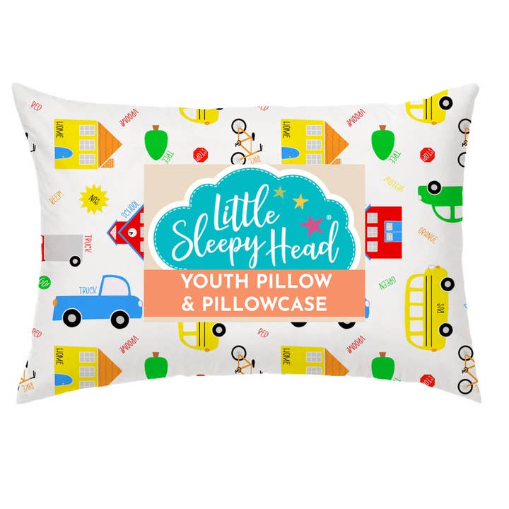 Youth Pillow + Pillowcase Set - Trucks 'N Cars - 16"x22" for wholesale by Little Sleepy Head