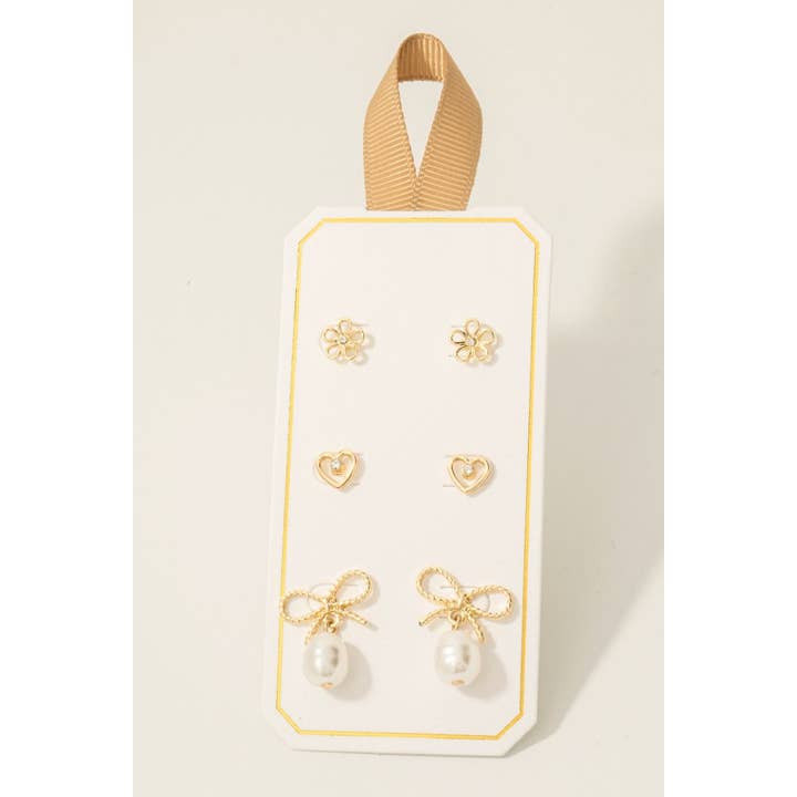 GD Pearl Charm Bow Heart And Flower Stud Earrings Set for wholesale on Faire