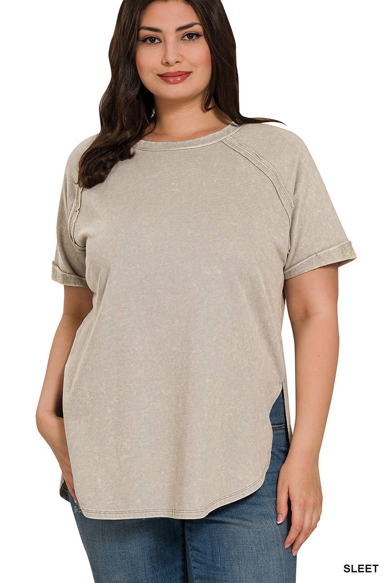 42POPS - Wholesale T-Shirt - Women's - ",,.....SI-25676 PLUS SIZE FRENCH TERRY ACID WASH RAW EDGE RAGLAN0