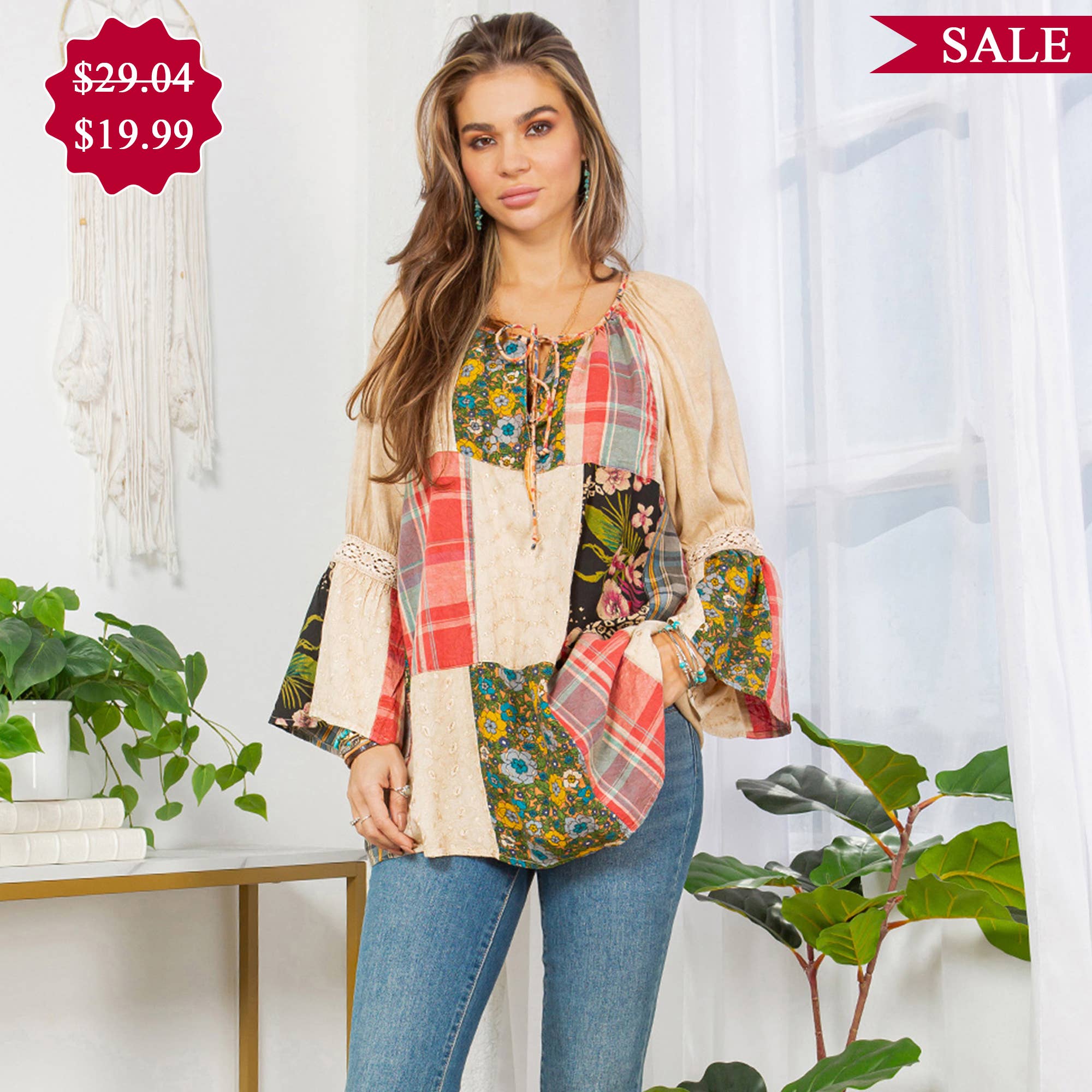 Young Threads - Wholesale Tunic - Women's - Peasant Top with Print Checks Patchwork (New Color)17