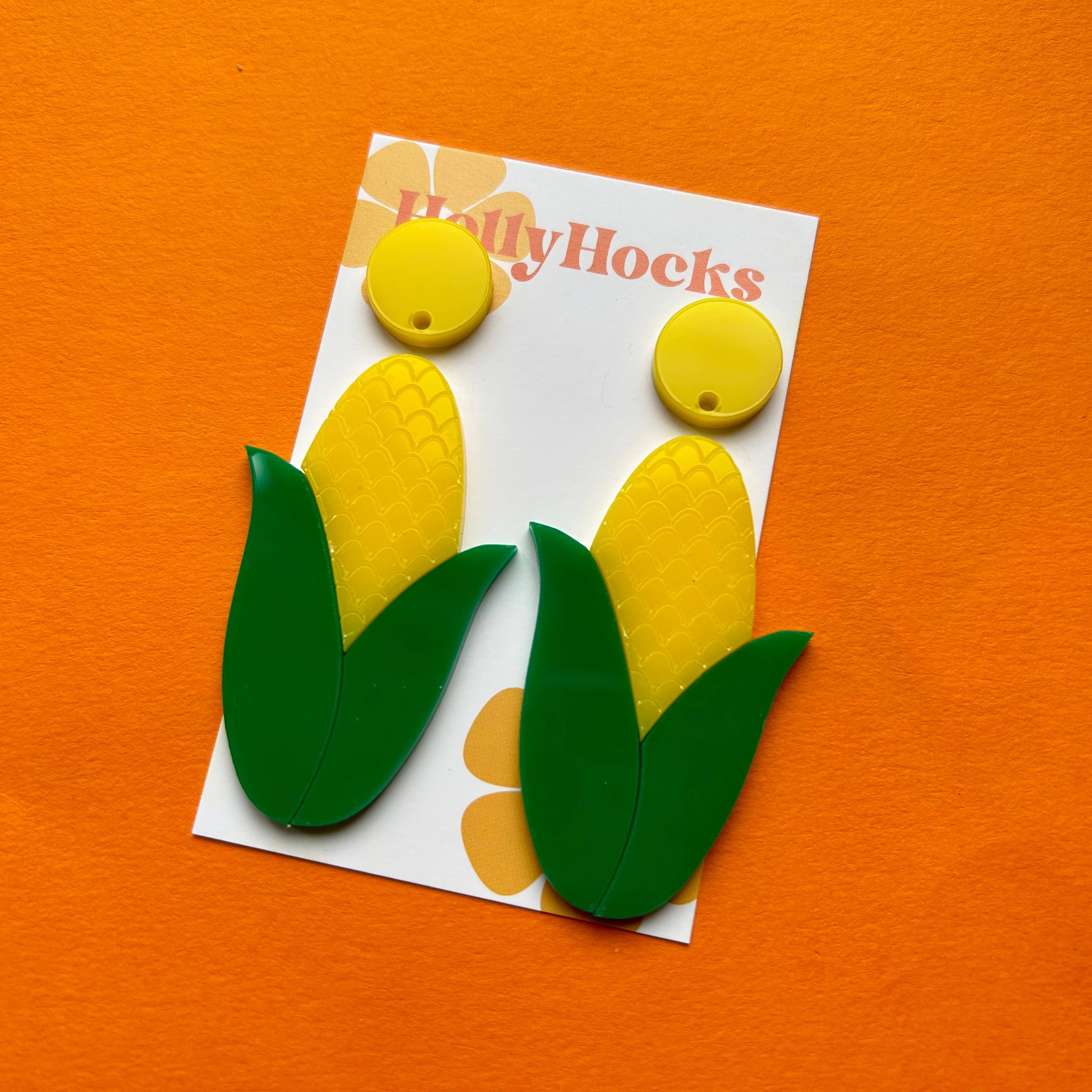 HollyHocks Jewellery – wholesale Dangle earrings – Sweetcorn food vegetable lasercut acrylic earrings1