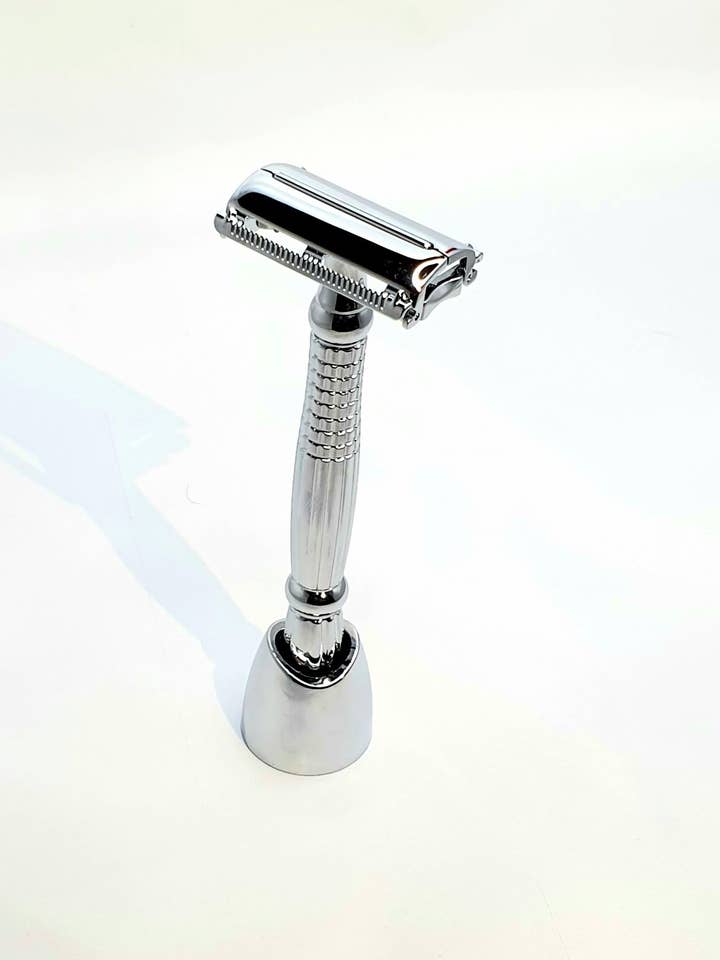 Long Handle Butterfly Safety Razor - Silver (with Stand) for wholesale by Bare & Co.