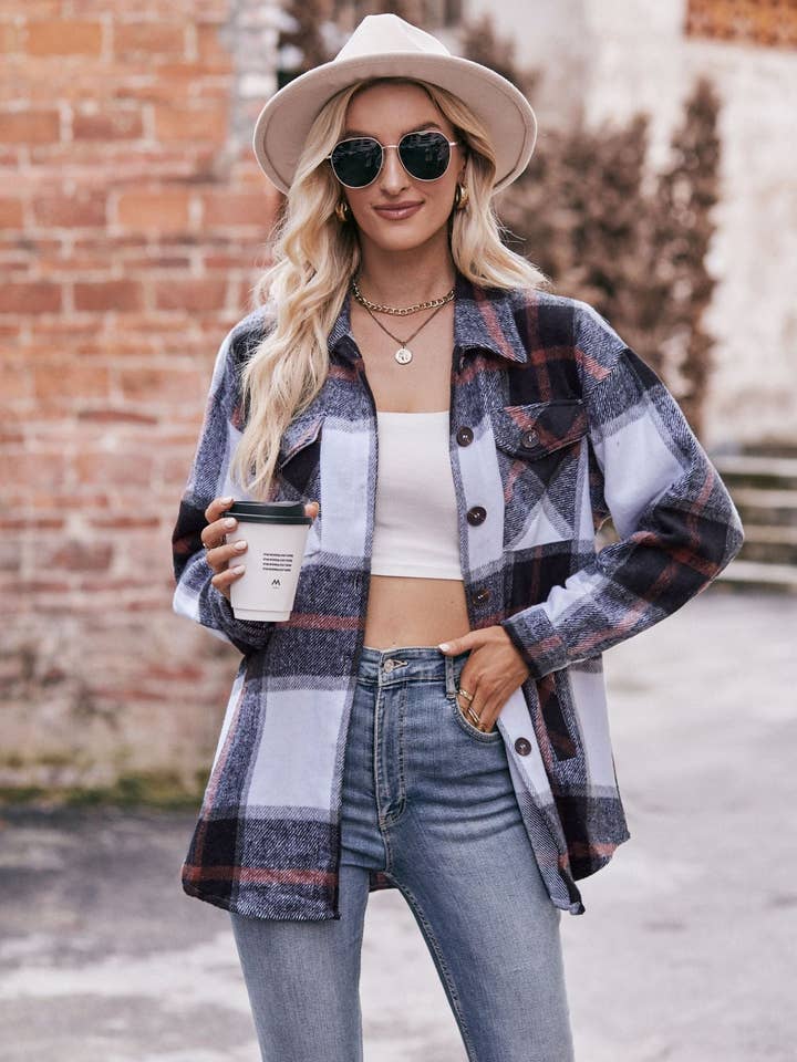Lovesoft - Wholesale Shirt Jacket/Shacket - Women's - Women's Plaid Jacket Casual Loose Pocket Shirt