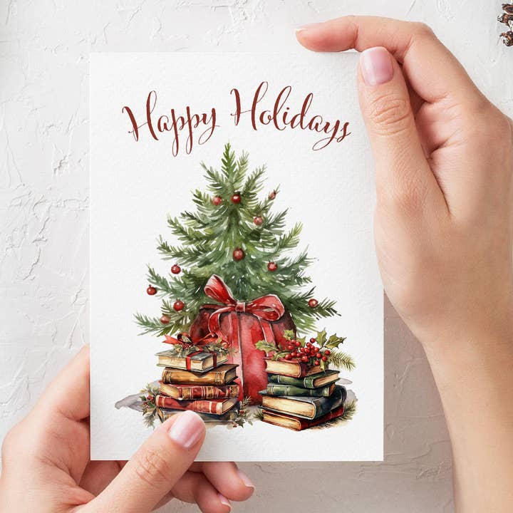Cozy Bookish Christmas Card Happy Holidays for wholesale by Literary Craft Parlour