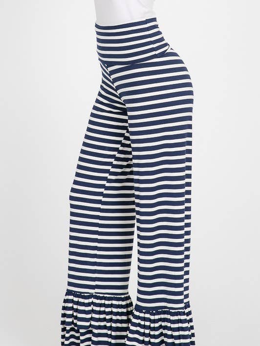 P0310HS11-Calças de Pernas Largas com Dobra e Riscas com Folhos por atacado de Sunday Morning