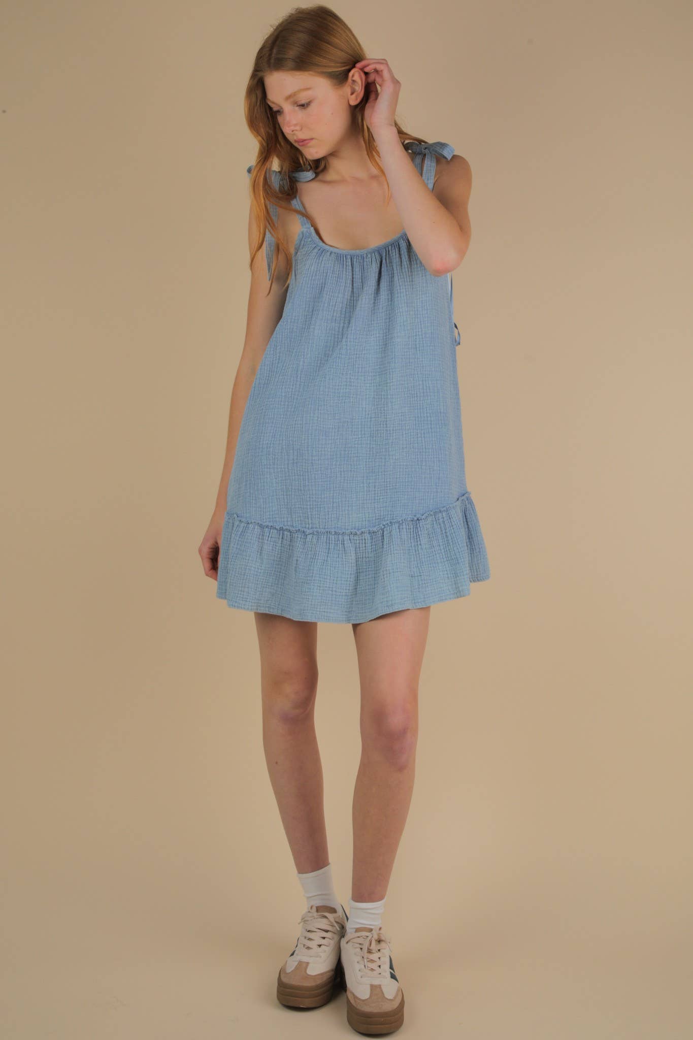 VERY J - Wholesale Dress - Women's - ND31743-Mineral Washed Shoulder Tie Mini Dress17