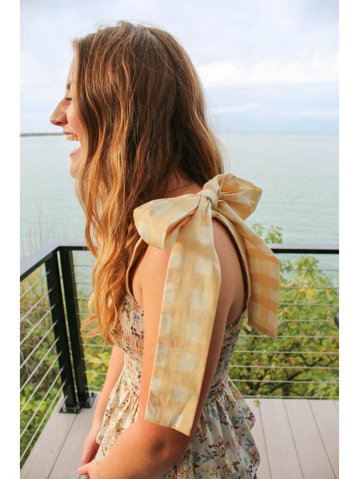 hey friends - Wholesale Blouse - Women's - Floral & Gingham Peplum Top Bow Straps - Made in the USA4