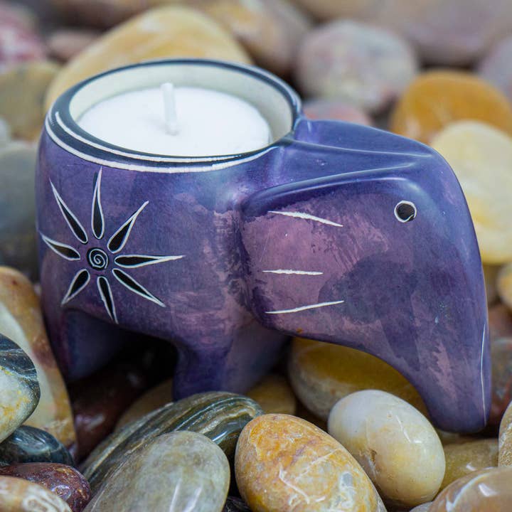 Global Crafts - Wholesale Kaarsenhouder - Enkele Kleurrijke Speksteen Olifant Theelichten7