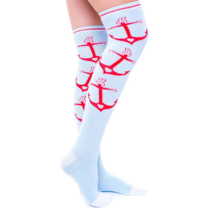 Socks - Sourpuss - Red & White Anchors With Hearts On Blue for wholesale by Square Deal Recordings & Supplies