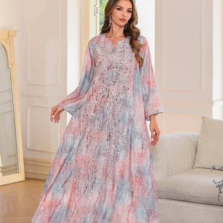 DUSTY ROSE Floral Print Beaded Long Robe for wholesale on Faire