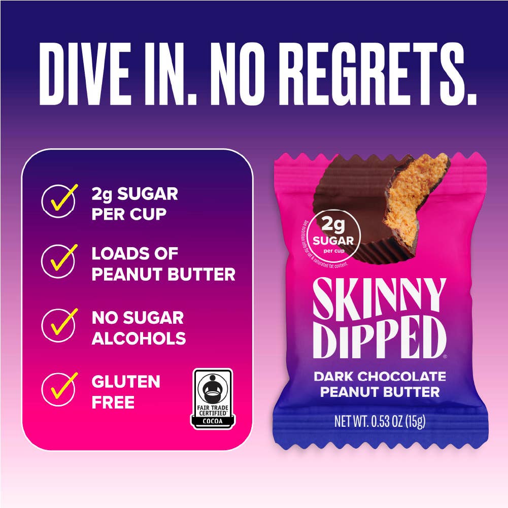 SkinnyDipped - Wholesale Chocolate Covered Sweets - Mini Dark Chocolate Peanut Butter Cups, .53oz2