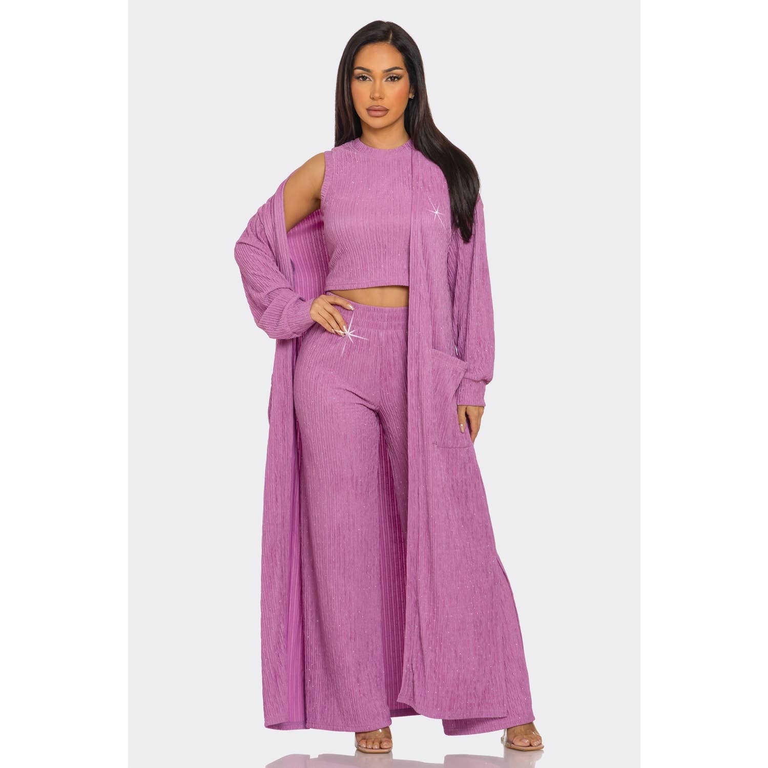 ITSSY – Engroshandel Loungesæt - Dame – Rhinestone Cardigan Crop Top Loungewear Buksesæt5