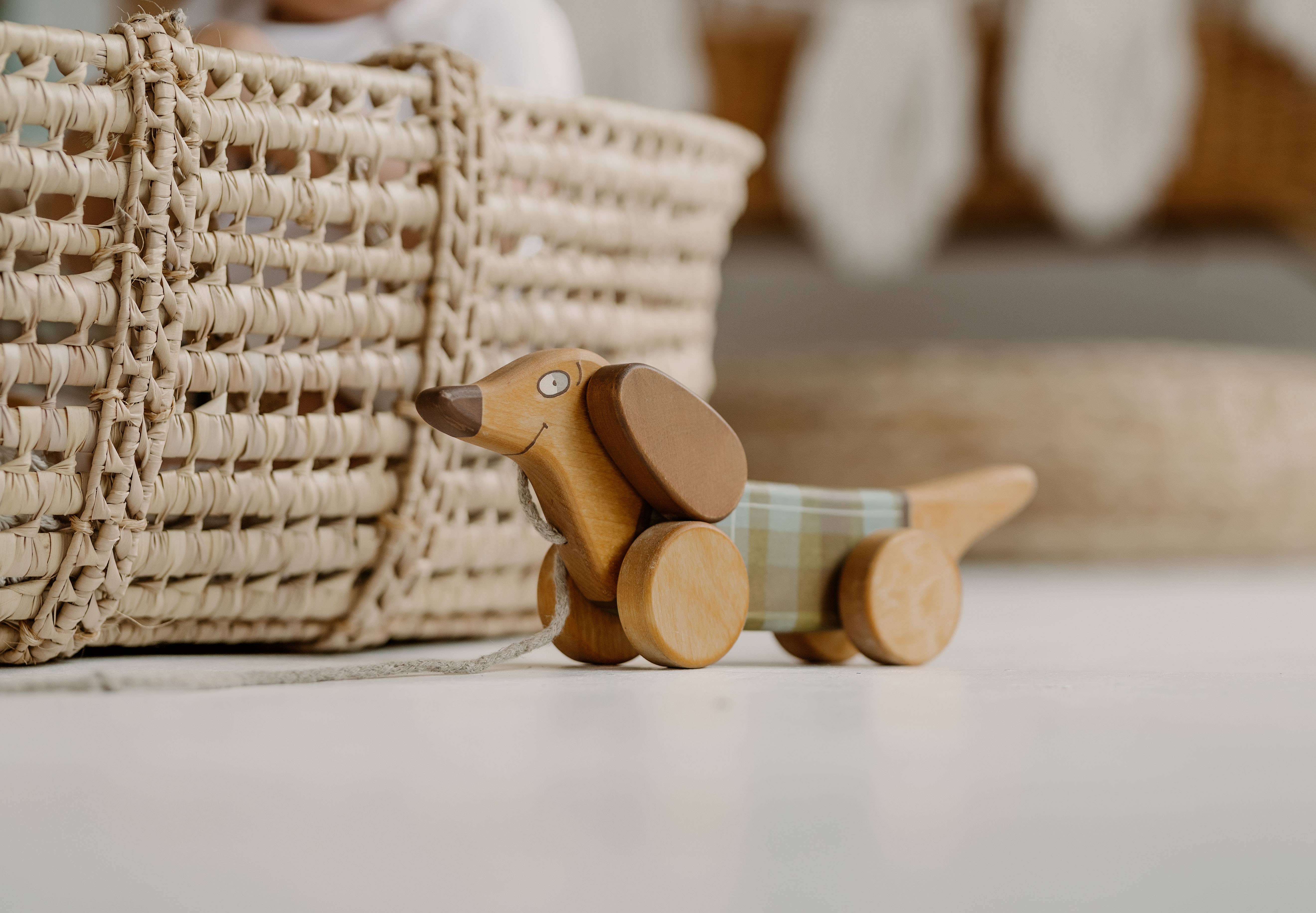 Friendly Toys - Wholesale Wood Toy - Kids - Handcrafted Birch Wood Green Sausage Dog Pull Toy 2