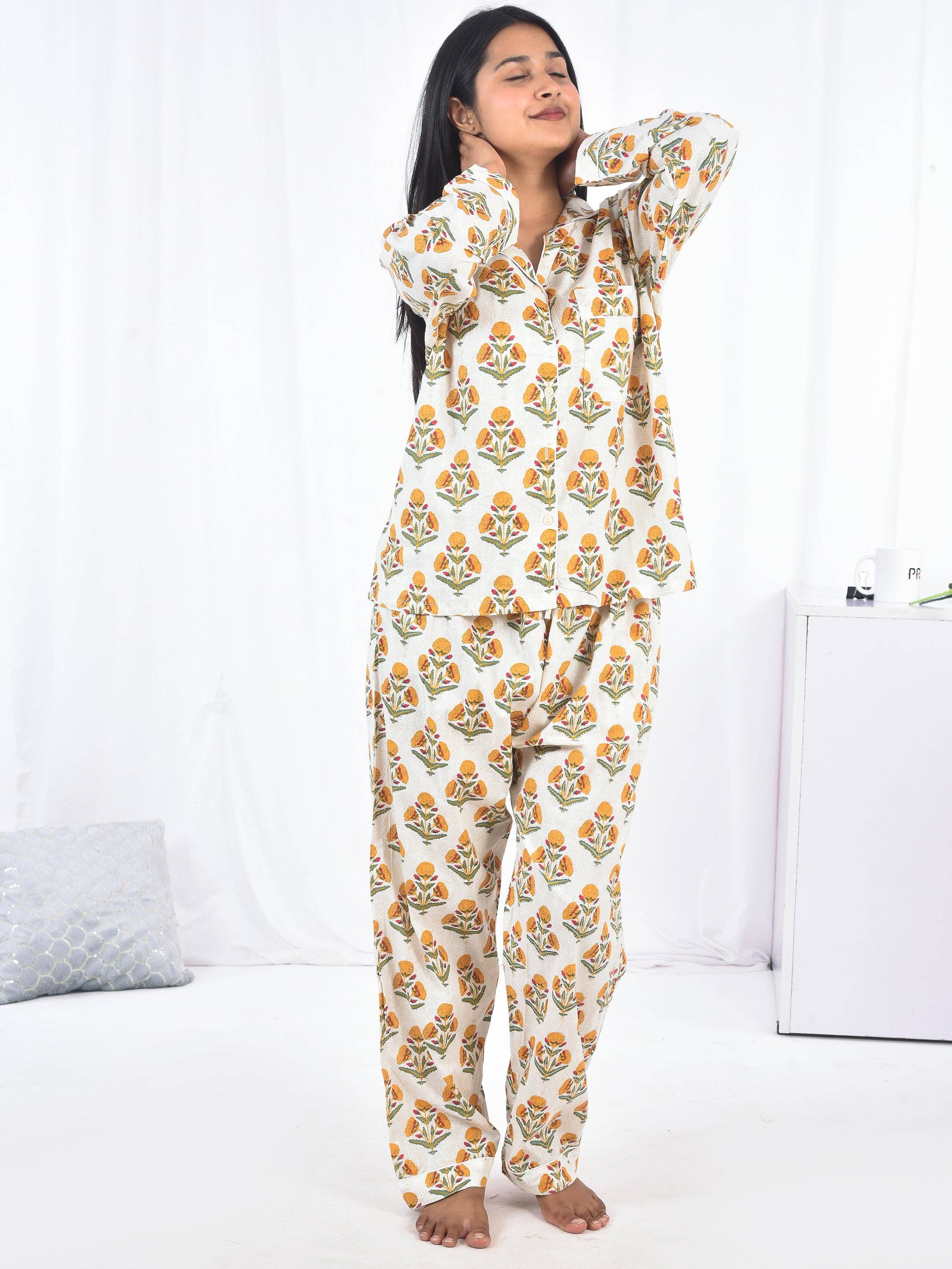 AMRANIS - Wholesale Sleepwear Set - Women's - Yellow Block Printed Long PJ Set5