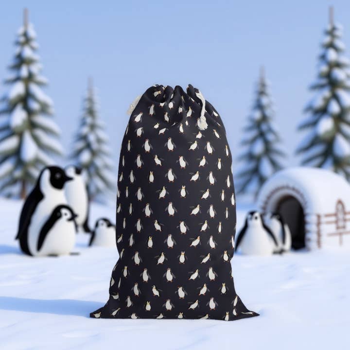 Sacco di Natale Blu Marino con Pinguino Adorabile - Borsa Regalo Festiva per la vendita all'ingrosso da parte di Aminelle & Willow